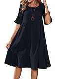 Onsoyours Damen Sommerkleid Knielang Kurzarm V-Ausschnitt A-Linie Elegant Vintage Casual Kurze Strandkleider mit Tasche B Marine XXL