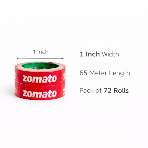 Image of Zomato Food Packing Tape 24 mm 1 Inch x 65 Meter Pack of 72 Rolls | Strong Adhesive Packing Tape for E-Commerce and Small Food Business Use