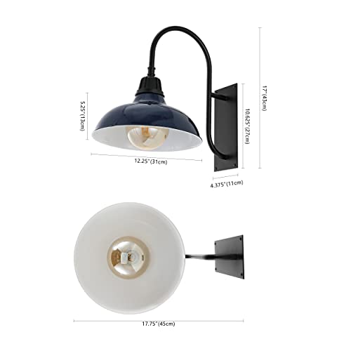Image of JONATHAN Y 12.25 inch Navy /Black 1-Light Farmhouse Gooseneck Outdoor Wall Sconce Lamp, with Black Metal Bowl Shade, Industrial Iron LED Porch Light for Patio Garage Entryway (JYL7614C)