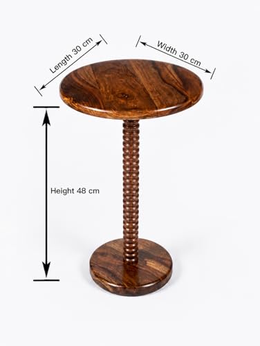 Image of REDWOOD Sheesham Wood End Table | Round Sofa Side Table for Living Room, Bedroom & Lounge | Modern Accent Unit with Decorative Turned Pedestal Base | Compact Space Saving Furniture | Walnut Finish