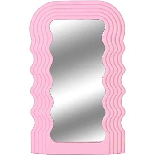 Simmer Stone Wave Pattern Irregular Makeup Mirror Tabletop Vanity Mirror Cosmetic Desktop Mirror Hanging Wall Mirrors Desk Countertop Dressing for Home Bedroom Decorative Pink