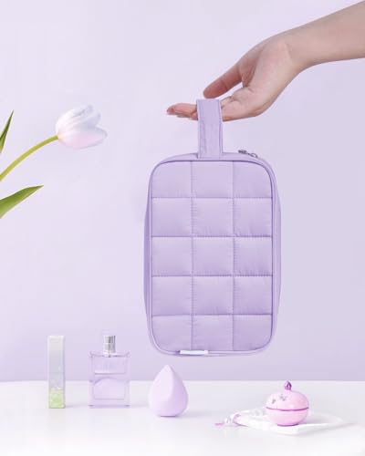 Image of Narwey Quilted Makeup Bag Puffy Make up Bag Cosmetic Bag Organizer, Puffer Travel Toiletry Bag for Traveling Women Girl, Travel Bag for Toiletries, Skincare Medicine Bags (Purple)
