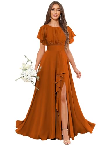 Chiffon Bridesmaid Dresses Long with Slit Crew Neck Formal Evening Dress for Women