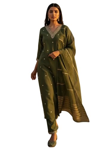 Image of INDO ERA Women's Viscose Self Design Straight Kurta with Pant & Dupatta Set