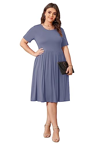 Image of POSESHE Womens Plus Size Summer Dress 2026 Casual Short Sleeve Empire Waist Loose Fit Swing T-Shirt Dress with Pockets