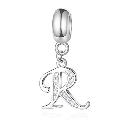 Lettera R Charms Iniziale R Alfabeto Ciondolo Perline, 925 Argento Sterling Letra Ciondolo con CZ Chiaro, Fit Pandora Donne Braccialetto Collana, Regali per Coppia/Ragazza/Pensionamento