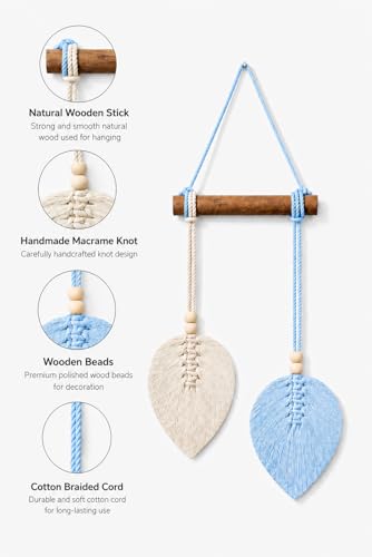 Image of AdFashionble Boho Macrame Wall Hanging Leaf Decor for Home, Living Room & Bedroom | Cotton Thread Art with Wooden Rod | Minimalist Handmade Wall Decoration | Aesthetic Nordic Wall Art for Home, Office & Gift Purpose Lenght- 58 cm Width- 15 cm (LIGHT BLUE & OFFWHITE)