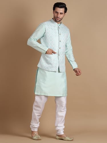 Image of men's Silk Blend Kurta Pejama & Waistcot Set