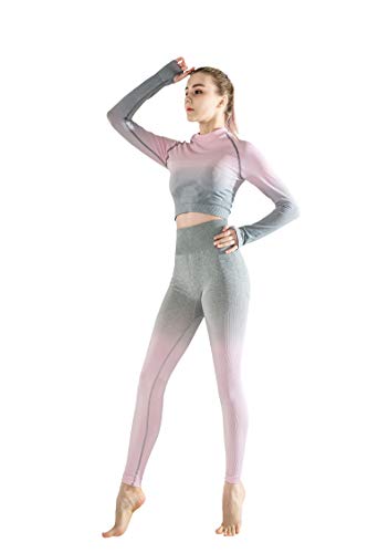 Yoga Sets for Women 2 Piece Tie Dye Seamless Tracksuit Stitching Color Workout Outfits Sports Bra Set Grey-Pink