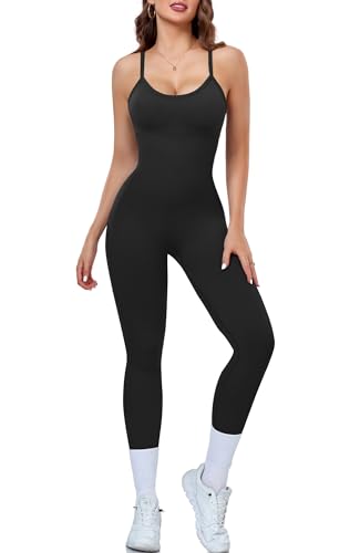OLCHEE Womens Workout Yoga Jumpsuits Rompers - One Piece Seamless Unitard Leggings Spaghetti Strap Bodysuit Gym - Black Small