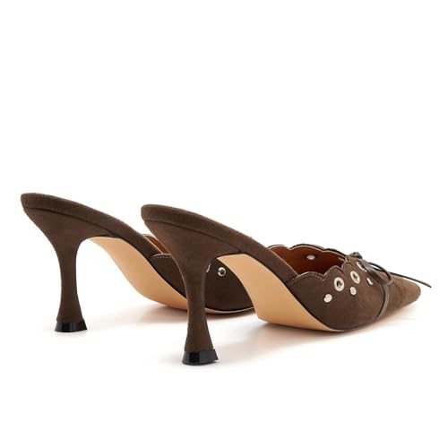 Kitten Heel Mules for Women Bow Tie Suede Stiletto Heels Mule Pointed Toe Studs Slide Heeled Sandal Pumps for Wedding Dress Party3