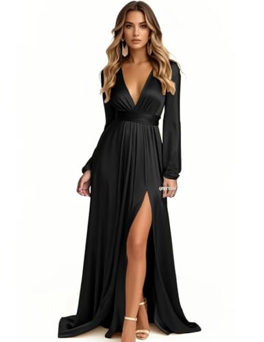 Long Sleeve Bridesmaid Dresses for Wedding Satin V-Neck Formal Dress Pleated Evening Party Gown with Slit