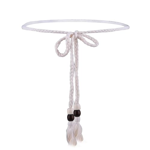 White Tassel Braided Rope Belt with Bead Waistband Fringe Woven Macrame Crochet Skinny Belt for Women Ladies Bohemian Woven Tie Belt for Summer Beach Dresses Pants Accessory Decoration