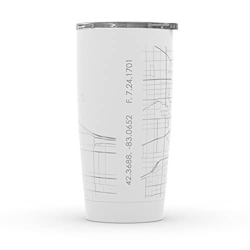 Well Told Engraved Detroit Michigan Map Insulated Coffee Tumbler, Etched Stainless Steel Mug (20 Oz, White) City Map Insulated Tumbler, Custom Travel Mug, Outdoor Drinkware #TOP1
