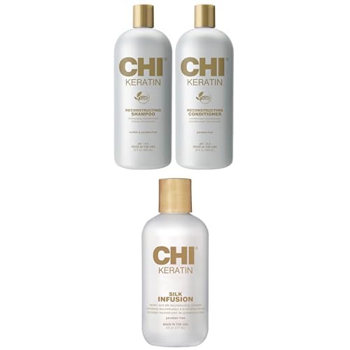 Bundle of CHI Moisturize It Duo Keratin Shampoo & Conditioner Set, Hydrating Formula, 2 Bottles, 32 Oz & CHI Keratin Silk Infusion, Hydrating Hair Serum For Restoring Softness & Shine, 6 Oz