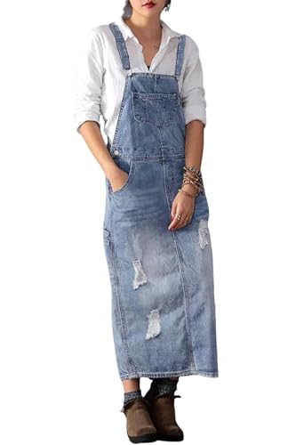 Image of Yoeasy Women's Distressed Denim Overall Dress - Adjustable Strap Pinafore A-Line Mid Long Jean Bib