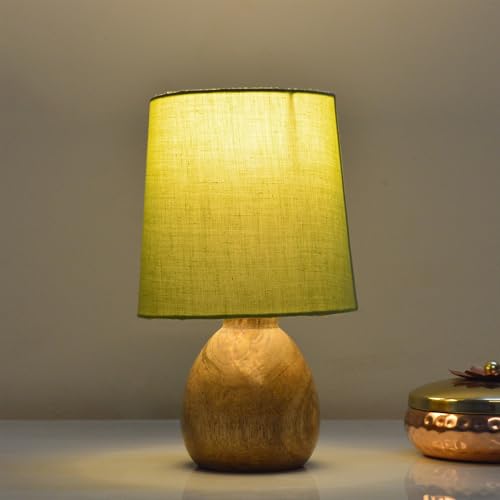 Image of Wooden Bedside Table Lamp with Fabric Shade, Warm Ambient Light, Handmade Mango Wood Base, Rustic Farmhouse Design, Cute Dowel Green, 15 x 15 x 25 cm