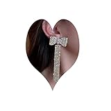 Wiwpar Long Fashion Bow Tassel Earrings Full Diamond Earrings Rhinestone Long Tassels Dangle Earrings Silver for Women