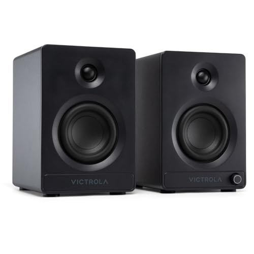 Enceintes bibliothèque Bluetooth Victrola Tempo stéréo noir avec Auracast et entrée platine RCA