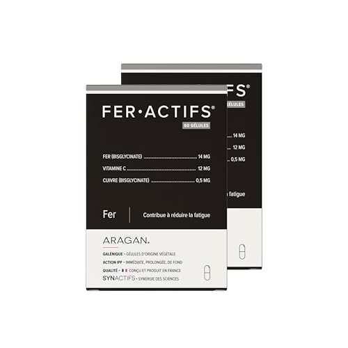 ARAGAN - Synactifs Lot de 2 Feractifs - Complément Alimentaire Anti-Fatigue - Tonus et Vitalité - Fer Bisglycinate, Cuivre et Vitamine C - 120 gélules - 4 mois de prise - Fabriqué en France