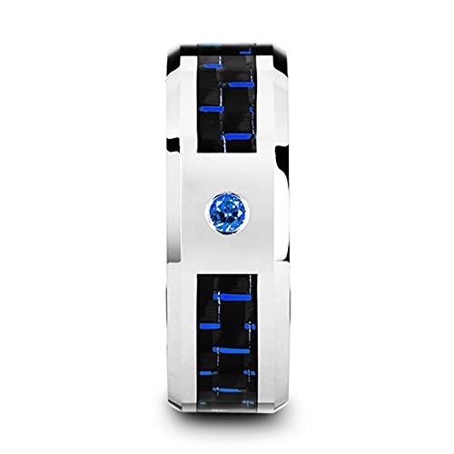 Roy Rose Jewelry Mens Tungsten Black and Blue Carbon Fiber Blue Sapphire Setting Wedding Ring - Bevelled Comfort Fit - 8mm Wide - Style Name: Neptune2