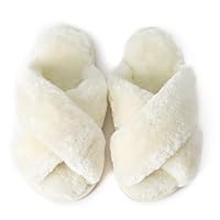 LZSYC Girls Fluffy Slippers for Kids Cute Open Toe Fur Slides Cross Band Plush Slip on House Indoor Slippers,White 1-2 Little Kids