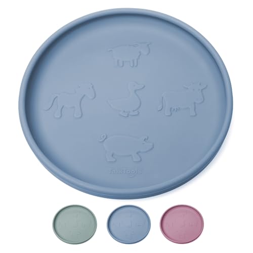 TalkTools Itsy Plate Lid - Ergonomic Handle, Curved Walls for Scooping, Strong Suctioned Base, Secure Lock Lip, Dishwasher/Microwave-Safe, Platinum Grade Silicone - 8oz (Blue) - Made in USA