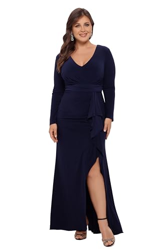 Image of Betsy & Adam Women's Long Sleeve V-Neck Jersey Knit Formal Evening Gown with Side Slit and Cascading Ruffle Detail