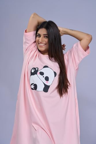 Image of LAMA STORE Women's Printed Oversized T-Shirt Dress, Cotton, 3 /4 Sleeve Length, Casual Loose Fit, Comfort Wear Extra Comfy Oversized Printed Pocket T-Shirt Dress