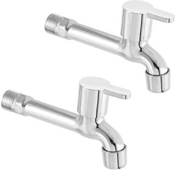 SPAZIO Stainless Steel Brass Disc Flora Long Body Bib Cock Tap with Wall Flange (Standard; Silver) - Pack of 2