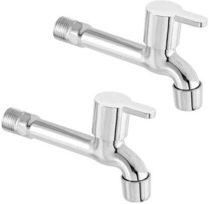 SPAZIO Stainless Steel Brass Disc Flora Long Body Bib Cock Tap with Wall Flange (Standard; Silver) - Pack of 2