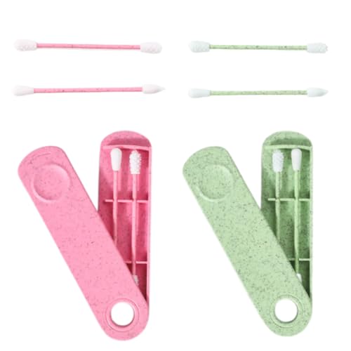 GWAWG 4 PCS Bastoncillos Oidos Cotton Swab Reutilizable Espiral de Doble Extremo con 2 Soportes Viaje Verde y Azul para la Limpieza del Oído Maquillaje, ect