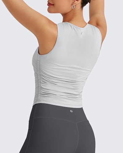 Image of G4Free Skimetic Workout Tank Tops for Women Side Ruched Sleeveless High Neck Crop Top Summer Athletic Gym Shirts