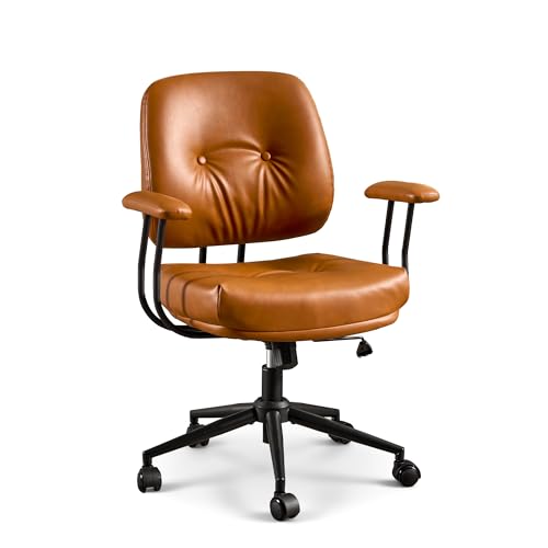 Image of ovios Ergonomic Office Chair, Mid Back Faux Leather Executive Chairs with Thick Cushion, Comfy Mid-Century Modern Swivel Rolling Computer Armchair (Brown, PU Leather)