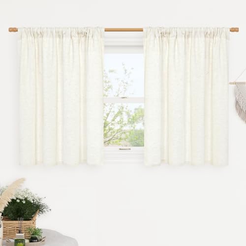 Image of LAMIT Cream Kitchen Window Linen Curtains Over Sink 36 Inch Length 2 Panels
