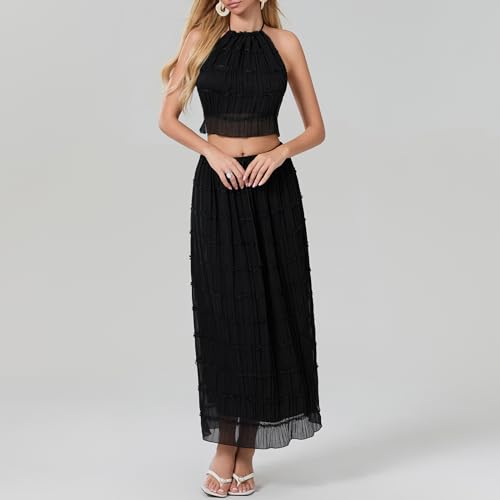 Image of Women Y2K Skirt Set Outfits Strapless Crop Top Bodycon Midi Skirt Dress Sexy 2 Piece Knit Outfits Skirt Summer