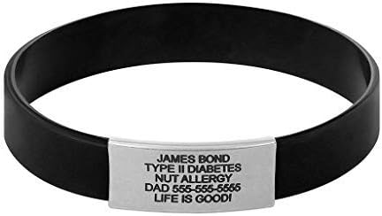 the ICE ID Silicone Medical Alert ID Bracelet for Women Men Kids – Stainless Steel - Free Custom Laser Engraving – Black – Personalized - Waterproof - Emergency Identification - Sport - 12mm Wide