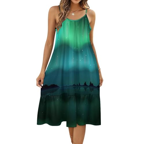 Northern Lights Aurora Borealis Women's Summer Dress Spaghetti Strap Sundress Casual Midi Dresses Beach Swing Tank Dress M