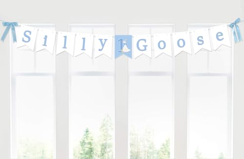 First Birthday Decorations for Boy Pre-Strung with Light Blue Ribbon Bows One Silly Funny Goose Banner Birthday Decor 1st Baby Shower Party Supplies Favors