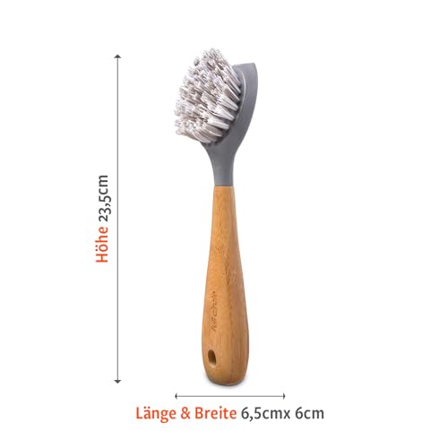 Full Circle Tenacious C Spülbürste mit Bambusgriff und Schaber - Weiter Bürstenkopf und Feste Nylonborsten zur Reinigung von Gusseisen, Töpfen, Waschbecken, Naturstein - 6,5 x 6 x 23,50 cm, Grau