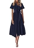 KIRUNDO Summer Button Down Wedding Guest Shirt Dresses for Women Maxi Flutter Short Sleeve Flowy Tiered Beach Sun Dress(Navy, Small)