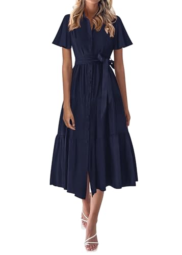 KIRUNDO Summer Button Down Wedding Guest Shirt Dresses for Women Maxi Flutter Short Sleeve Flowy Tiered Beach Sun Dress(Navy, X-Large)