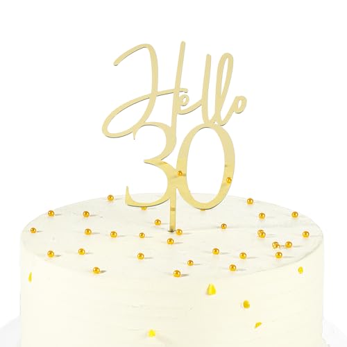 Hello 30 Cake Topper,Mirrored Gold Acrylic Cake Topper,30th birthday cake decoration, 30th wedding anniversary party cake decoration,Male or female photo booth props