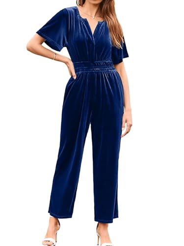 Simplee Womens Short Sleeve Wide Leg Velvet Jumpsuit Dressy V Neck Elastic Waist Formal Jumpsuits 2024 Winter Holiday Outfits