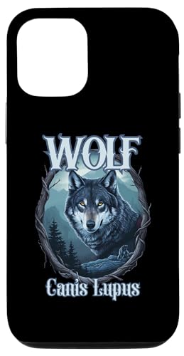 Hülle für iPhone 15 Pro Wolf Canis Lupus mit Holzrahmen und Bergblick Design