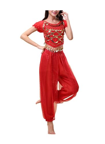 QIRUIRED Bauchtanz Kostüm Damen 2-teilig mit Top und Haremshose Rot Professionelles Tanzkleid für Bühnenperformance Größe M L