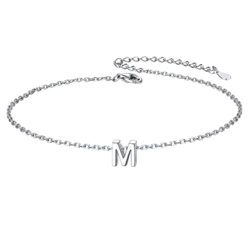 ChicSilver Dainty Initial Ankle Bracelets for Women, 925 Sterling Silver Anklet with Initial M Letter Anklets, Minimalist Summer Beach Anklet Personalized Womens Anklets Jewelry