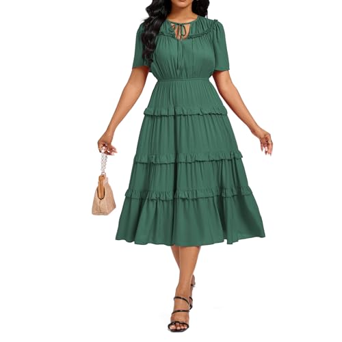Image of Women's Short Sleeve Summer Boho Pleated Rayon Mid Dresses with Pockets for Wedding Guest