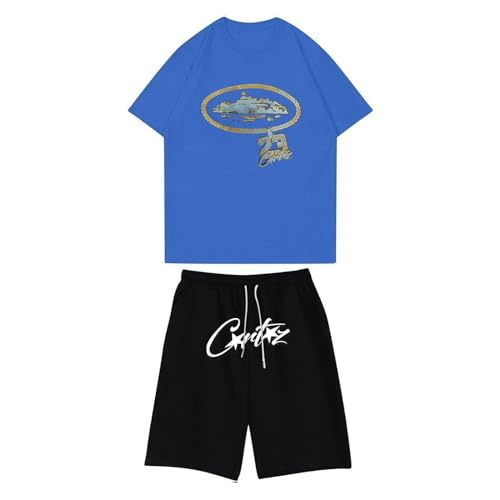 Conjunto de camiseta y pantalones cortos para hombre, conjunto de hip hop, para gimnasio, relajado, vintage, ligero, ropa de verano para correr, azul, XXL