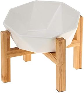 HCHLQLZ White with stand Ceramic Tilted Elevated Raised Pet Bowl with bamboo Stand for Cats and Dogs No Spill Pet Food Water Feeder